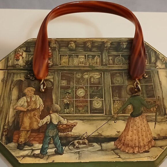 Anton Pieck Vintage Wooden Decoupage Octagon Box Purse - Picture 3 of 15